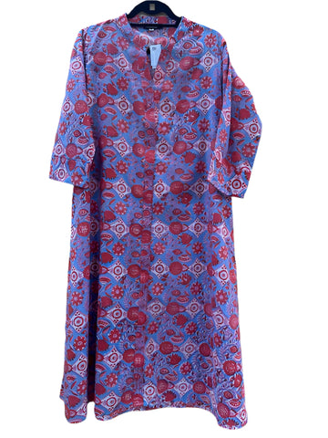 Cotton Dress#Red Blue White Floral _M